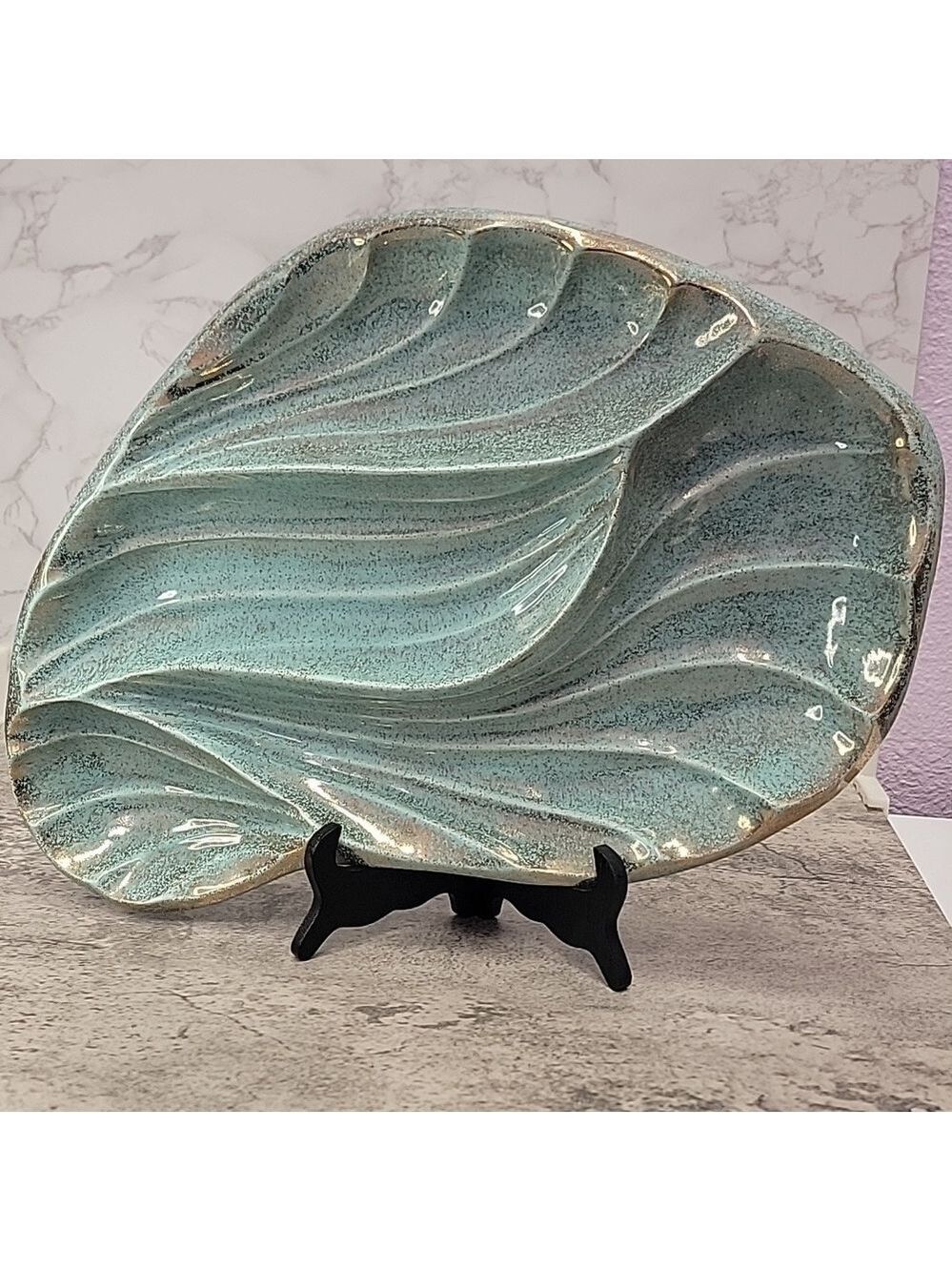 Mid Century Modern California Pottery Turquoise & Gold Leaf Divided Relish Tray